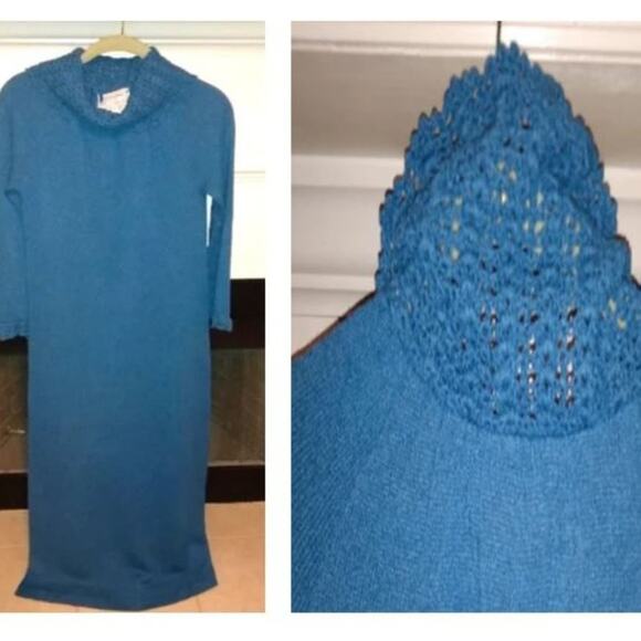 DIOR Maxi Knit Dress Sz S BLUE Turtleneck Luxe Bodycon Lounge Crochet RARE VNTG - Picture 3 of 16